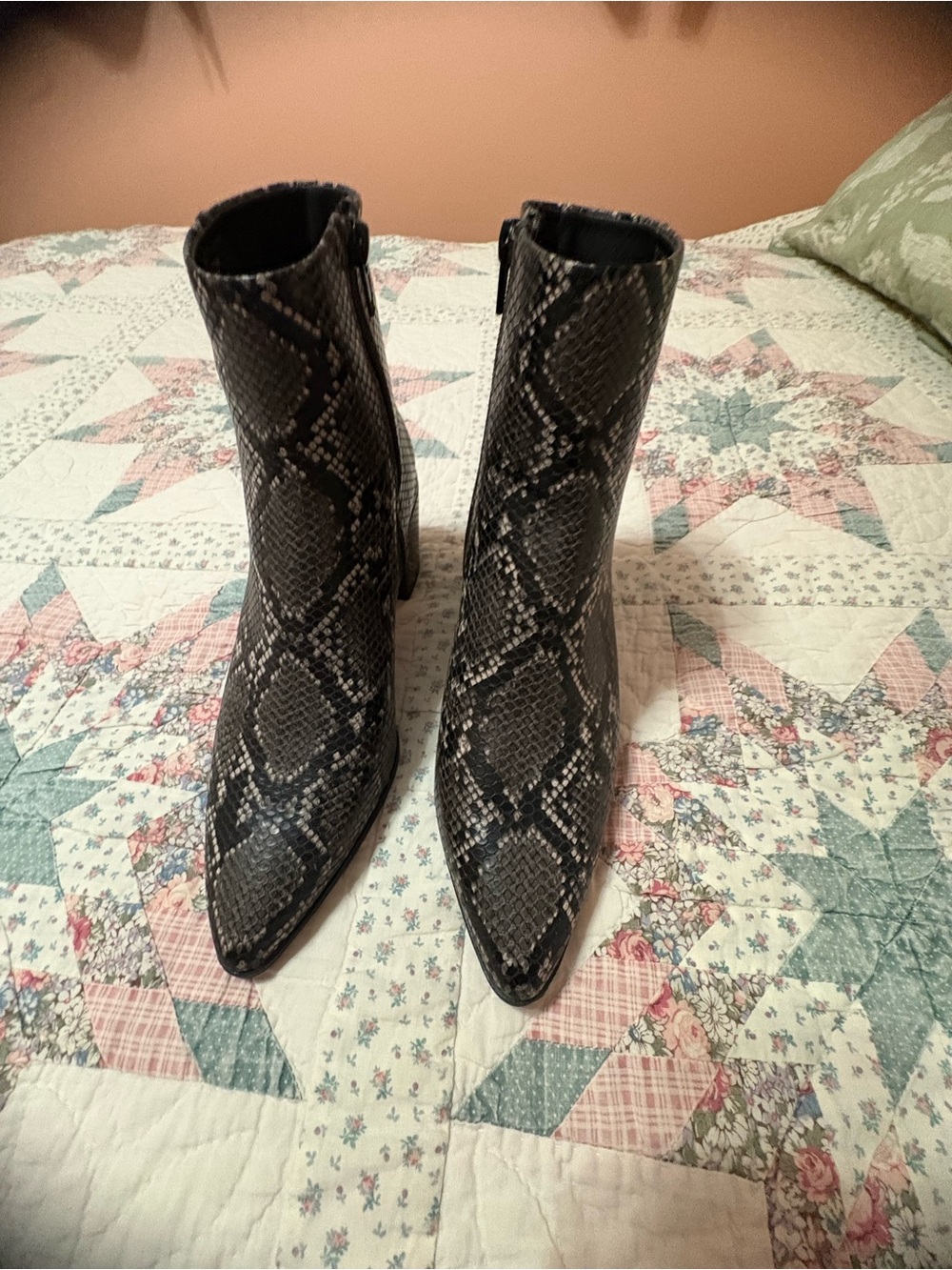 Madden Girl Black and Gray Snake-Print Pointed Ankle Boots